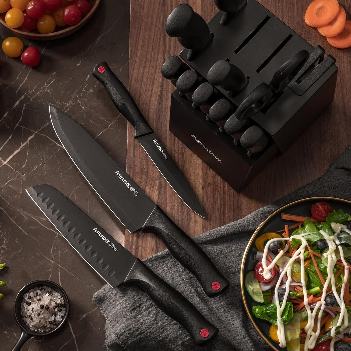 Astercook Knife Set for Kitchen with Block and Sharpener 15pcs German | Stainless Steel Kitchen Utensils Set Dishwasher Safe