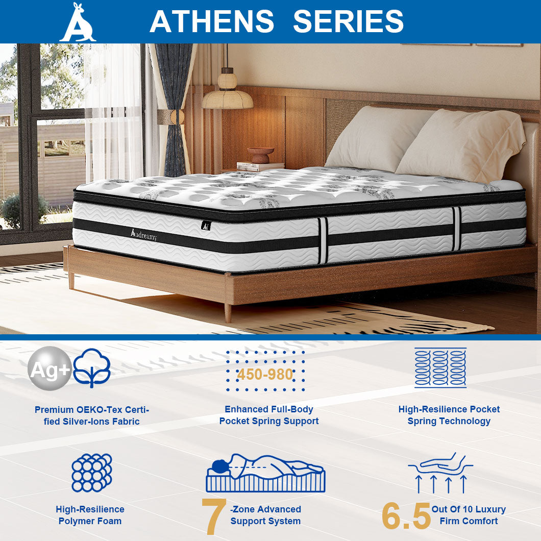 Audreamy Mattress Athens 34cm Plush Euro Top 7-Zone Pocket Spring 5D Support Medium Firm (King Single)