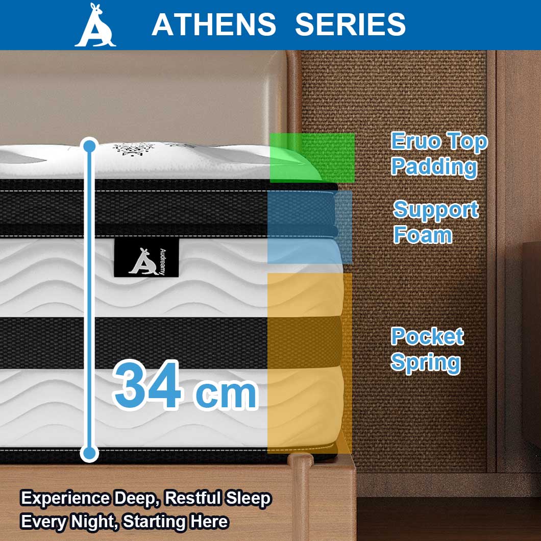 Audreamy Mattress Athens 34cm Plush Euro Top 7-Zone Pocket Spring 5D Support Medium Firm (King)