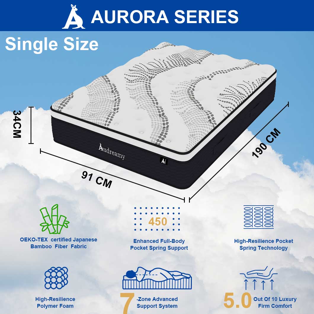 Audreamy Mattress Aurora 34cm Ergonomic 4D Plush Euro Top Bamboo Fiber Fabric 7-Zone Pocket Spring Medium Firm (Single)