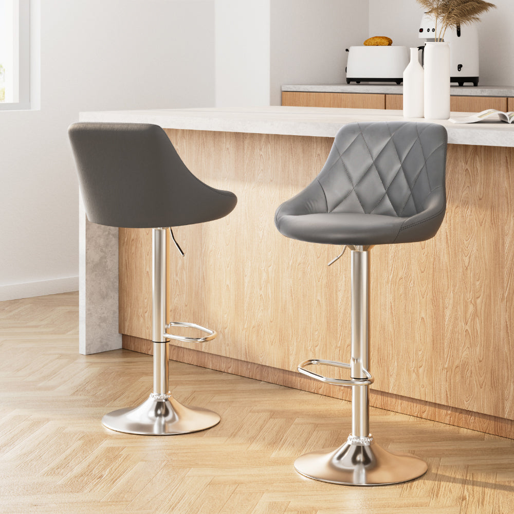 Artiss 2x Bar Stools Leather Padded Gas Lift Grey