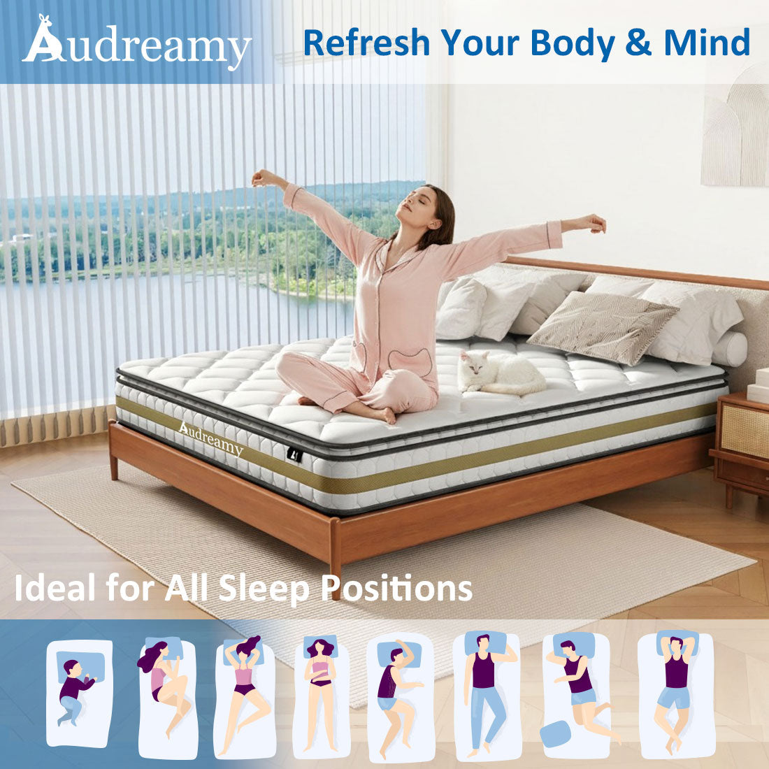 Audreamy Bondi Mattress 22cm Pillow Top – Cloud Comfort Bamboo Fiber Fabric Memory Foam Support Bonnell Medium Firm Queen