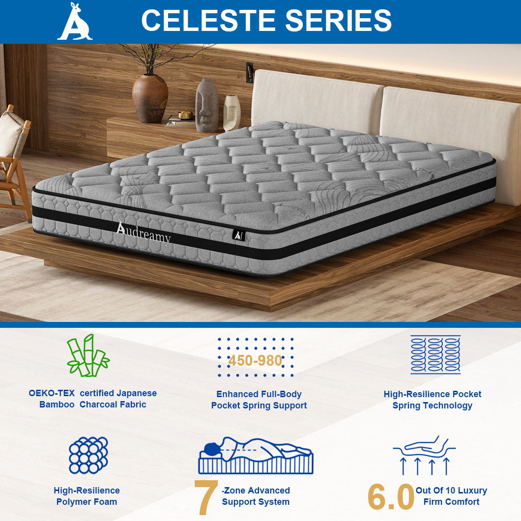 Audreamy Celeste Mattress 23 cm Plush Tight Top Bamboo Charcoal Fabric 7-Zone Pocket Spring Medium Firm Queen