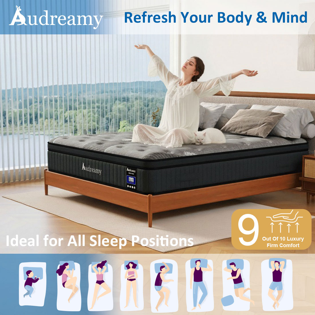 Audreamy Corsica Mattress – 26 cm Euro Top Bamboo Charcoal Fabric 7-Zone Pocket Spring Orthopedic Support for Back & Spine Health Extra-Firm Queen