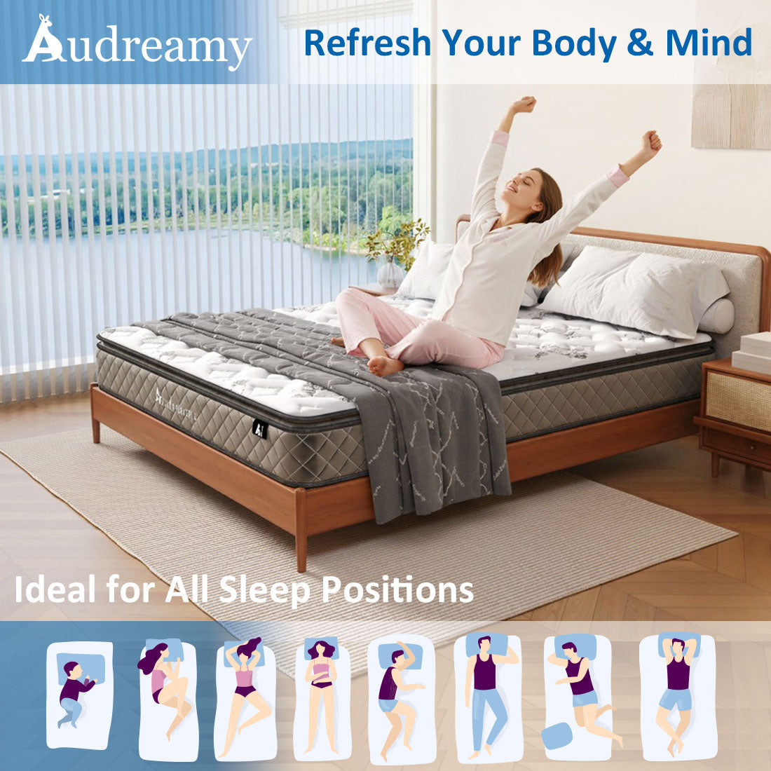 Audreamy Elara Mattress 25cm Pillow Top – Cloud Comfort Bamboo Fiber Fabric Memory Foam Support Bonnell Medium Firm