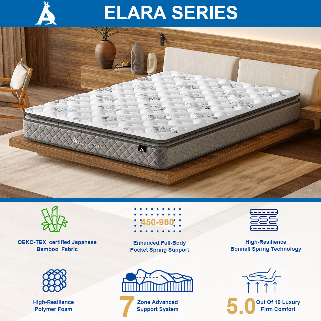 Audreamy Elara Mattress 25cm Pillow Top – Cloud Comfort Bamboo Fiber Fabric Memory Foam Support Bonnell Medium Firm Single