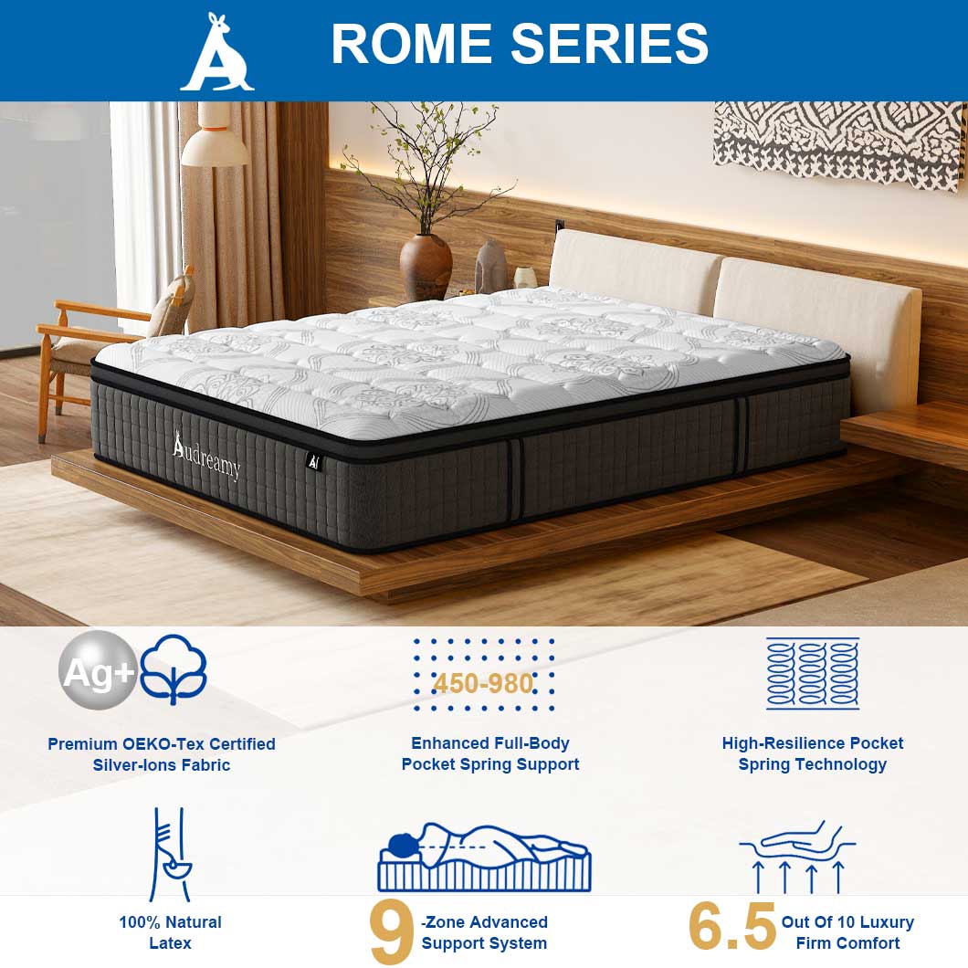 Audreamy Mattress Rome – 34cm Euro Top 100% Natural Latex Memory Foam 9-Zone Pocket Spring Hybrid Medium Firm