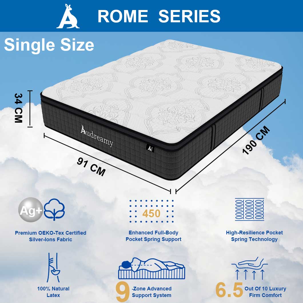 Audreamy Rome Mattress – 34cm Euro Top 100% Natural Latex Memory Foam 9-Zone Pocket Spring Hybrid Medium Firm (Single)
