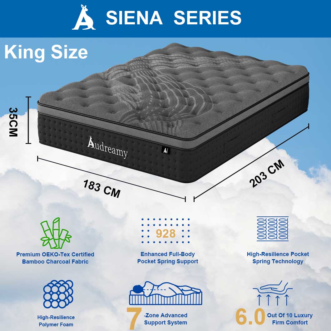 Audreamy Mattress Siena 35cm Euro Top Bamboo Charcoal Fabric 7-Zone Pocket Spring Medium Firm (King)
