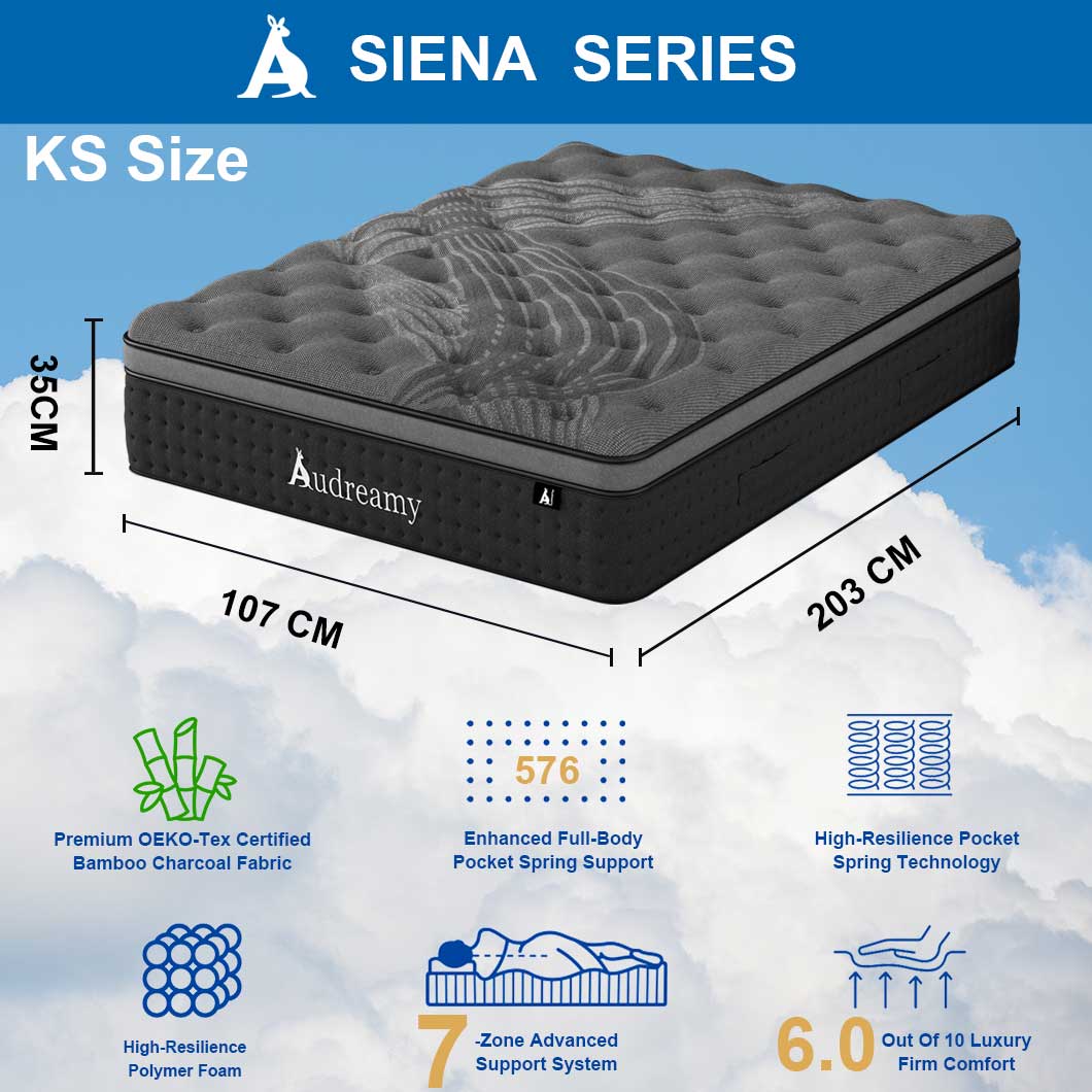 Audreamy Mattress Siena 35cm Euro Top Bamboo Charcoal Fabric 7-Zone Pocket Spring Medium Firm (King Single)
