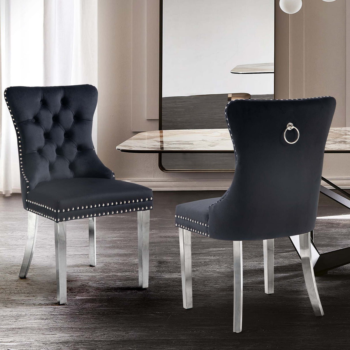 Set of 2 -Alsea Black Velvet & Silver Steel Dining Chairs Upholstered Tufted Stud Trim and Ring