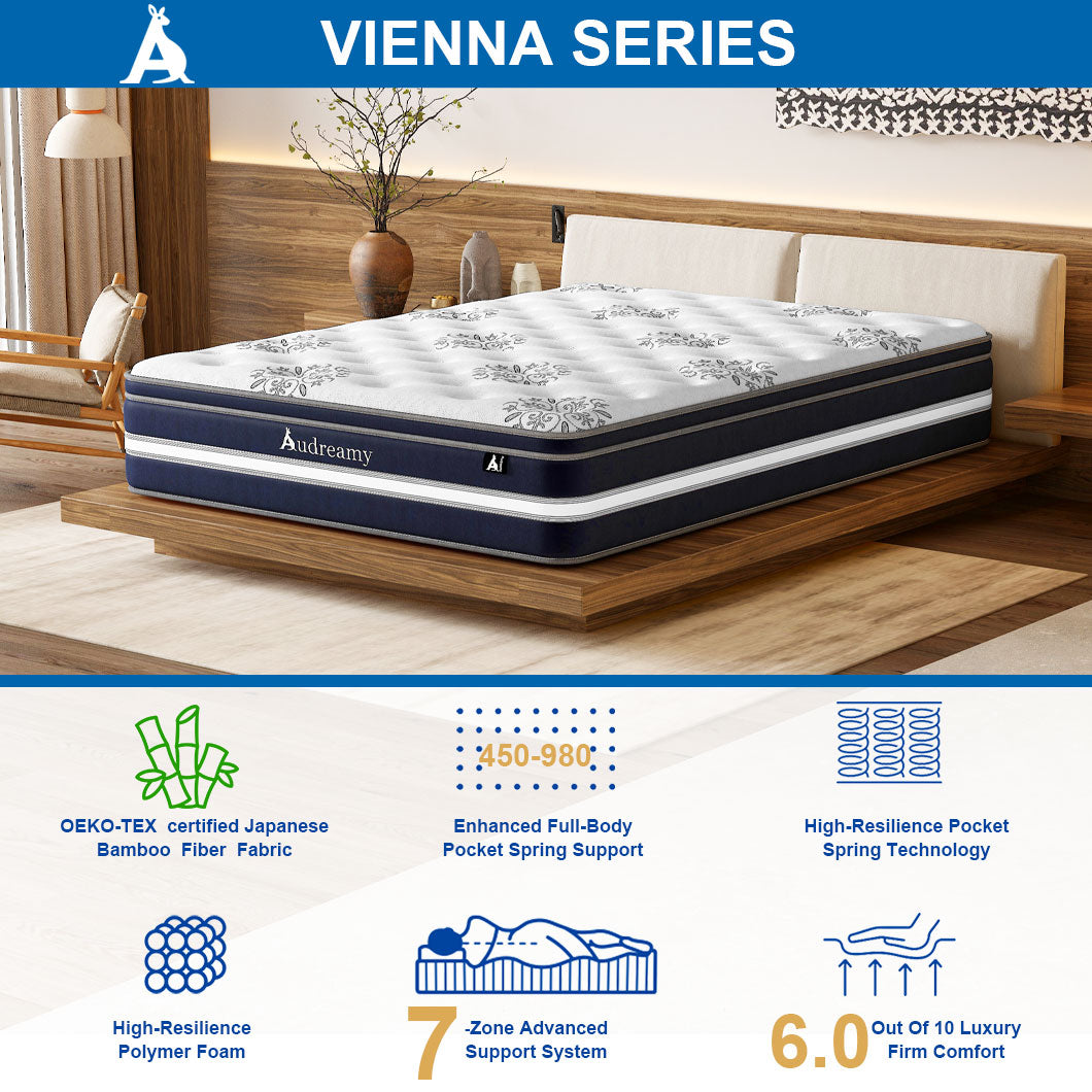Audreamy Mattress Vienna 34cm Euro Top Super Cool Gel Foam Bamboo Fiber Fabric 7-Zone Pocket Spring Medium Firm (Queen)