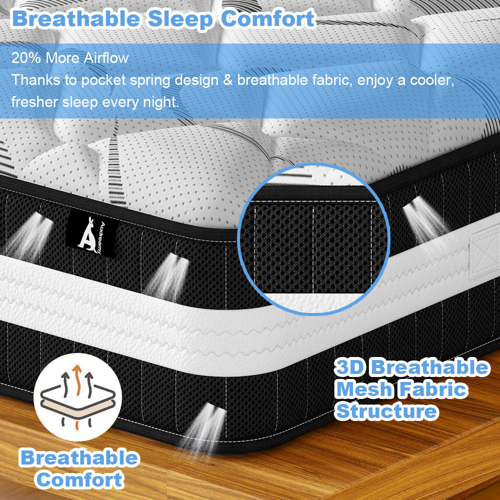 Audreamy Lisbon Mattress – 28cm Ergonomic 4D Spa-Like Plush Soft Tight Top Bamboo Fiber Fabric 7-Zone Pocket Spring Medium Queen