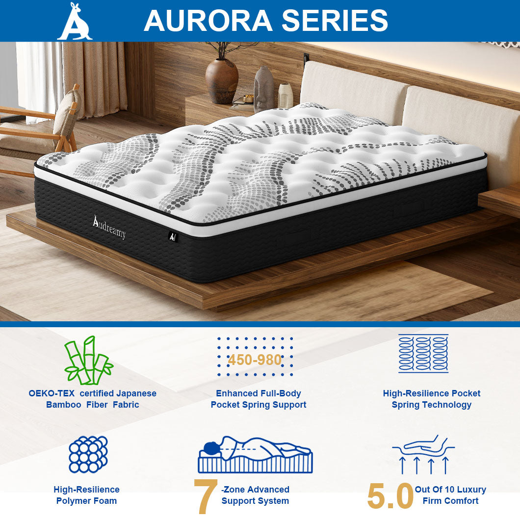 Audreamy Mattress Aurora 34cm Ergonomic 4D Plush Euro Top Bamboo Fiber Fabric 7-Zone Pocket Spring Medium Firm