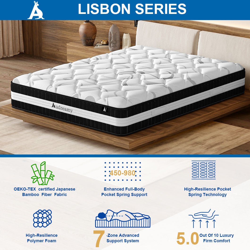 Audreamy Lisbon Mattress – 28cm Ergonomic 4D Spa-Like Plush Soft Tight Top Bamboo Fiber Fabric 7-Zone Pocket Spring Medium Double