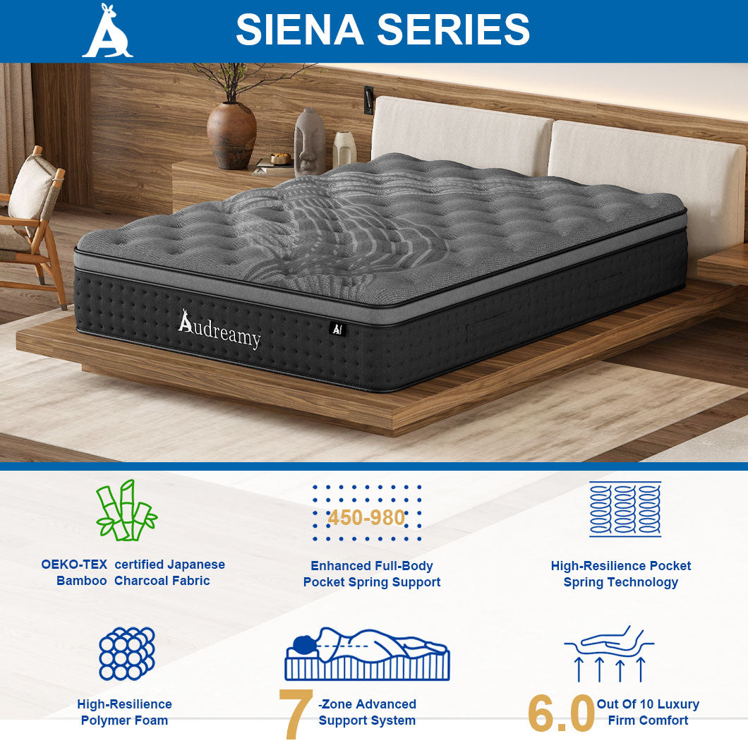 Audreamy Mattress Siena 35cm Euro Top Bamboo Charcoal Fabric 7-Zone Pocket Spring Medium Firm