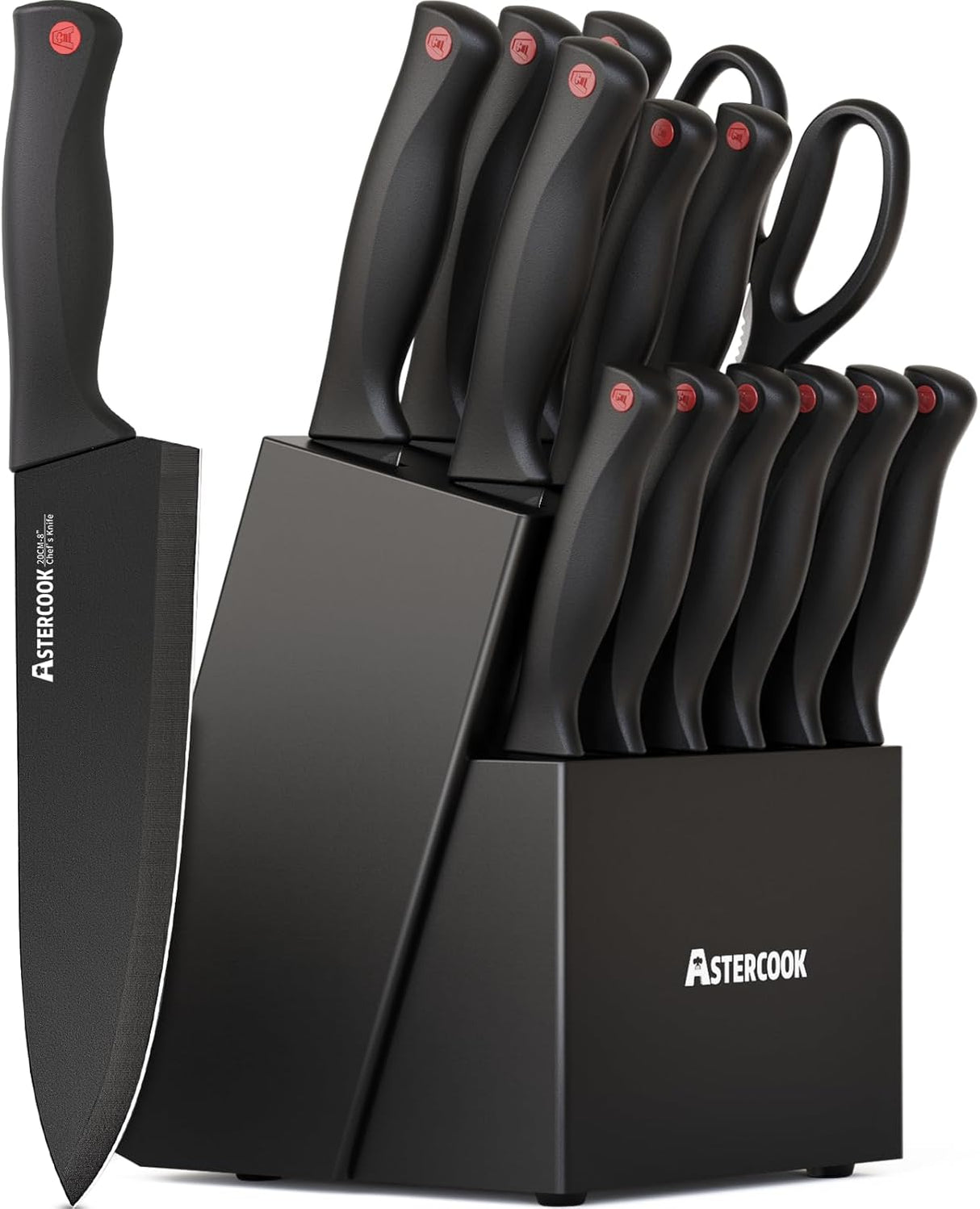 Astercook Knife Set for Kitchen with Block and Sharpener 15pcs German | Stainless Steel Kitchen Utensils Set Dishwasher Safe