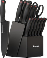 Astercook Knife Set for Kitchen with Block and Sharpener 15pcs German | Stainless Steel Kitchen Utensils Set Dishwasher Safe