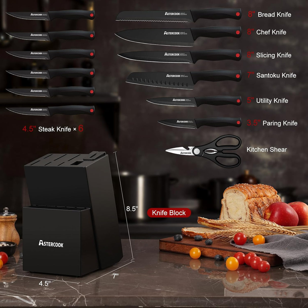 Astercook Knife Set for Kitchen with Block and Sharpener 15pcs German | Stainless Steel Kitchen Utensils Set Dishwasher Safe