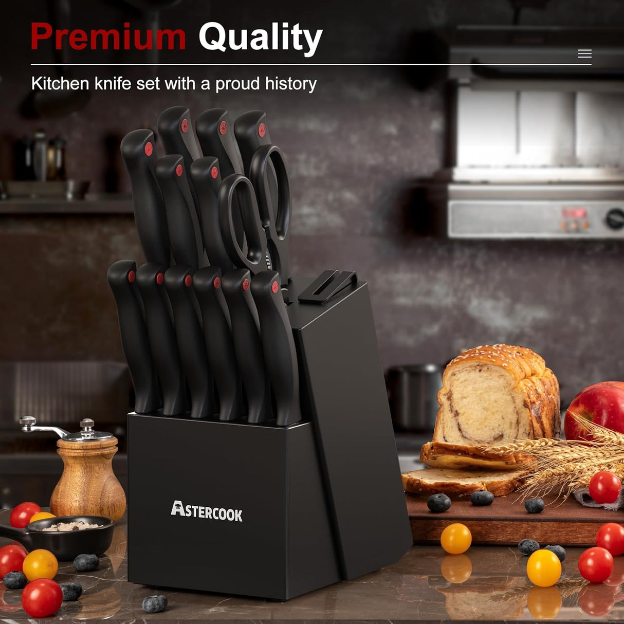 Astercook Knife Set for Kitchen with Block and Sharpener 15pcs German | Stainless Steel Kitchen Utensils Set Dishwasher Safe