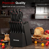 Astercook Knife Set for Kitchen with Block and Sharpener 15pcs German | Stainless Steel Kitchen Utensils Set Dishwasher Safe