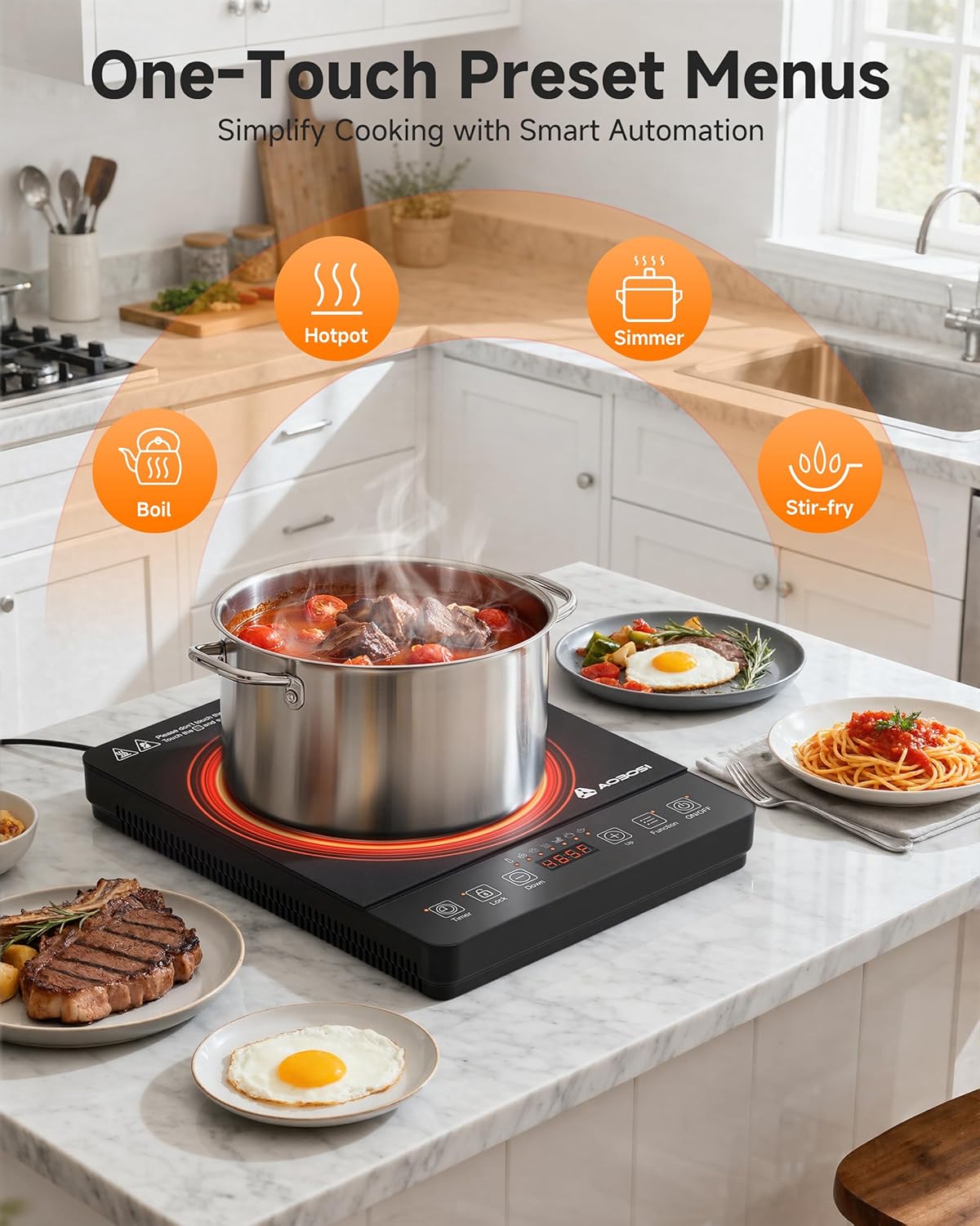 AAOBOSI Portable Induction Cooktop, 1800W, 20 Temp & Power Levels, Timer | Fast & Even Heating, 4 Preset Modes, 4-Hour Timer, Compact & Portable, Easy to Clean, Apartments, RVs & Outdoor Cooking