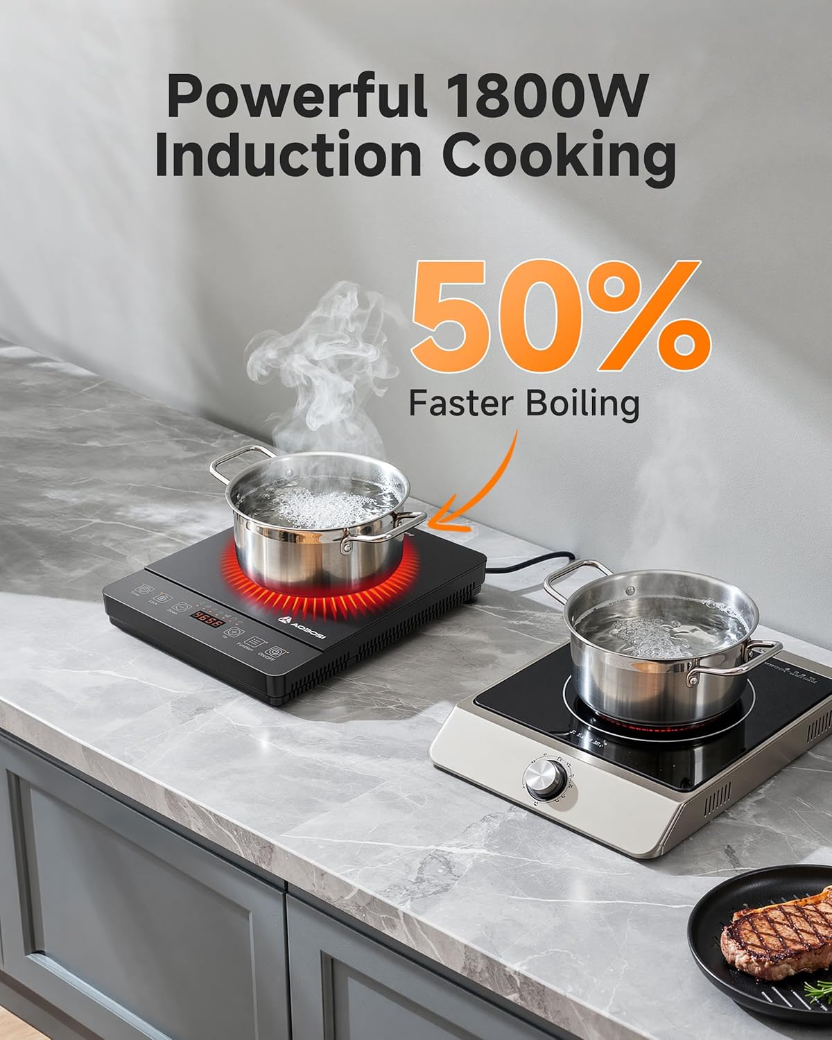 AAOBOSI Portable Induction Cooktop, 1800W, 20 Temp & Power Levels, Timer | Fast & Even Heating, 4 Preset Modes, 4-Hour Timer, Compact & Portable, Easy to Clean, Apartments, RVs & Outdoor Cooking