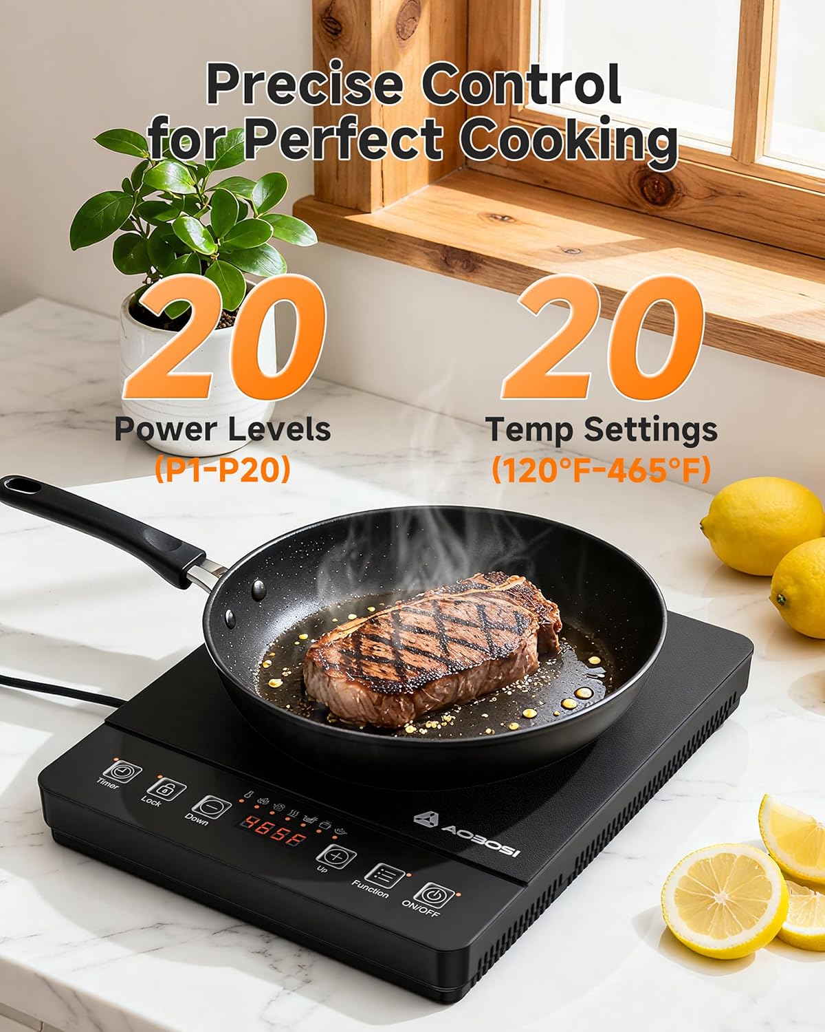 AAOBOSI Portable Induction Cooktop, 1800W, 20 Temp & Power Levels, Timer | Fast & Even Heating, 4 Preset Modes, 4-Hour Timer, Compact & Portable, Easy to Clean, Apartments, RVs & Outdoor Cooking