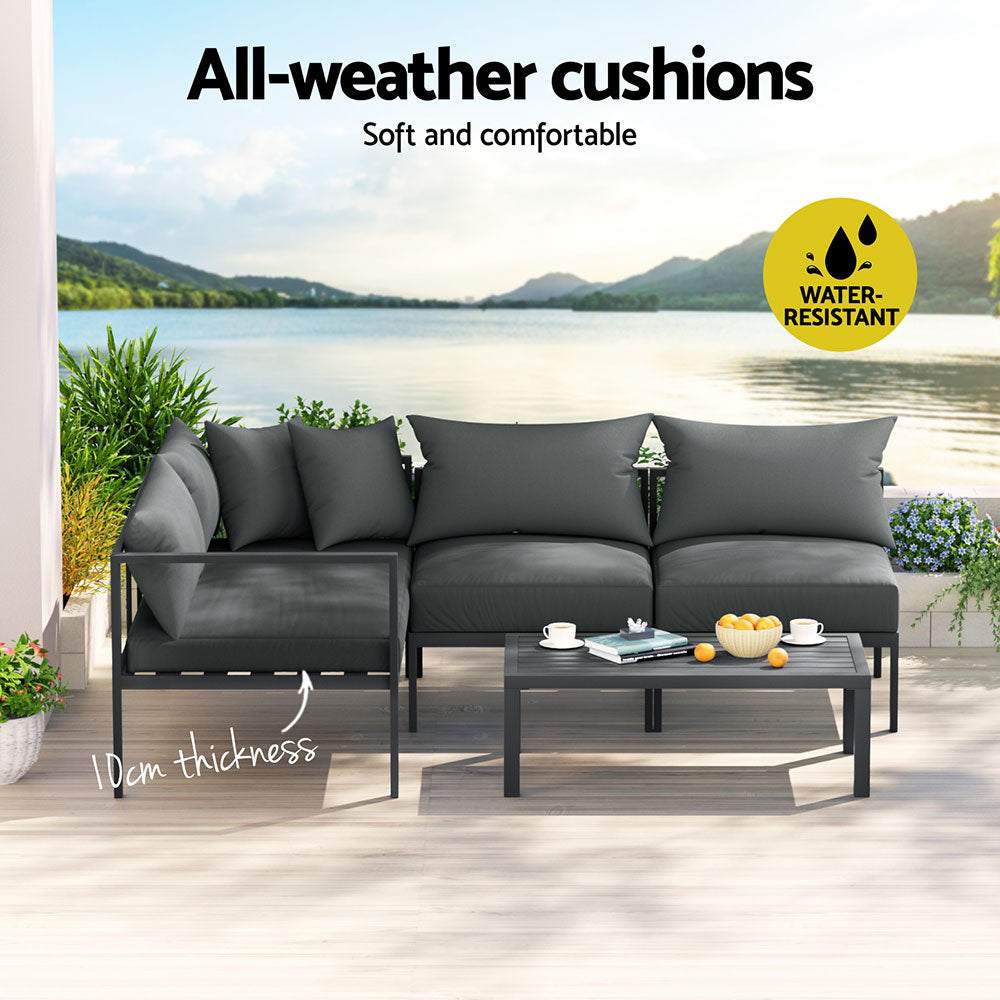 Gardeon 4 Seater Outdoor Sofa Set Aluminium Patio Furniture Setting 4PC Charcoal