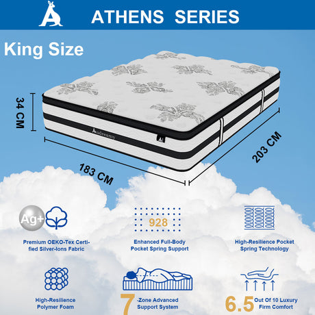 Audreamy Athens Mattress 34cm Plush Euro Top 7-Zone Pocket Spring 5D Support Medium Firm (King)