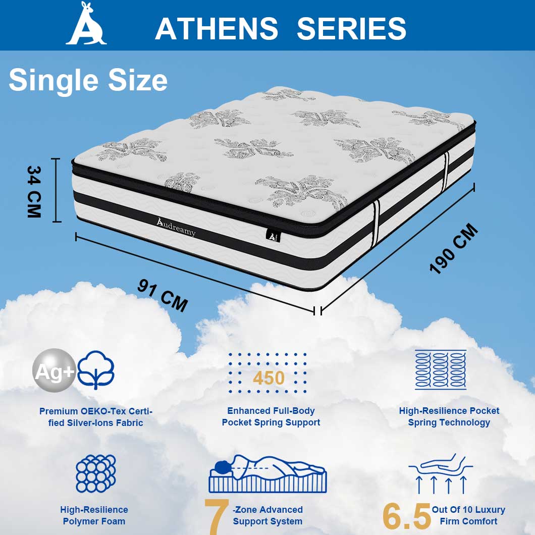 Audreamy Athens Mattress 34cm Plush Euro Top 7-Zone Pocket Spring 5D Support Medium Firm (Single)