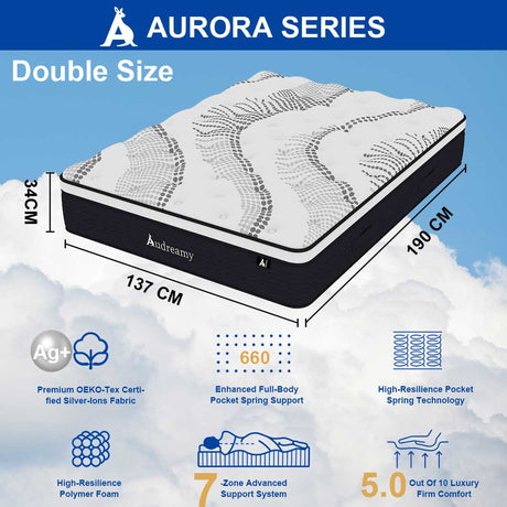 Audreamy Aurora Mattress 34cm Ergonomic 4D Plush Euro Top 7-Zone Pocket Spring Medium Firm (Queen)