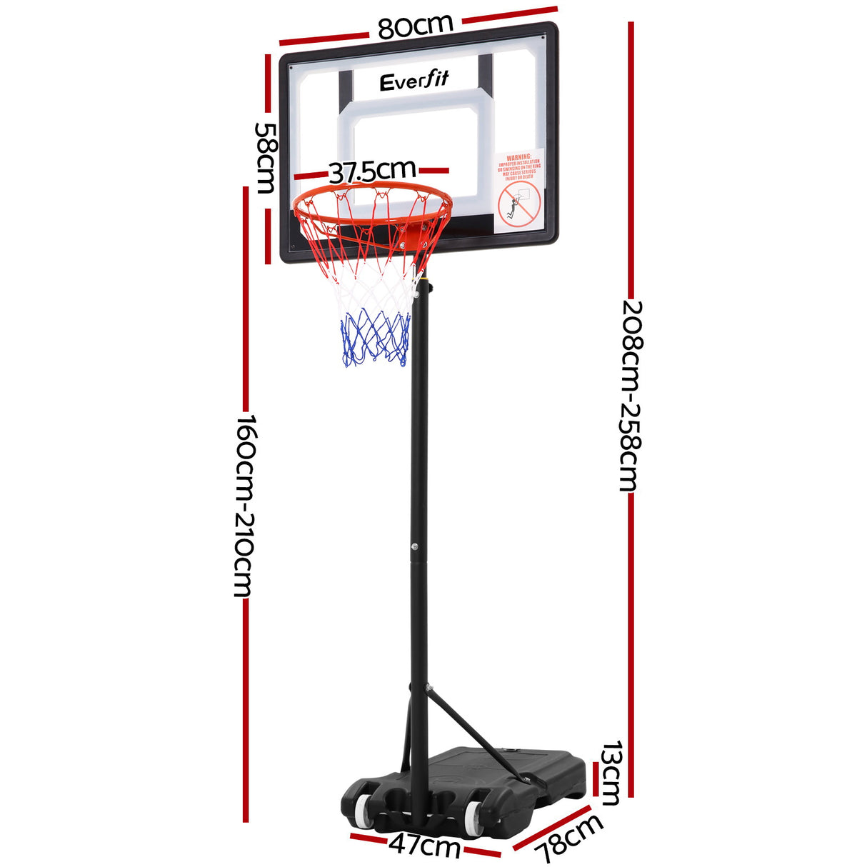 Everfit 2.1M Basketball Hoop Stand System Adjustable Portable Pro Kids Clear