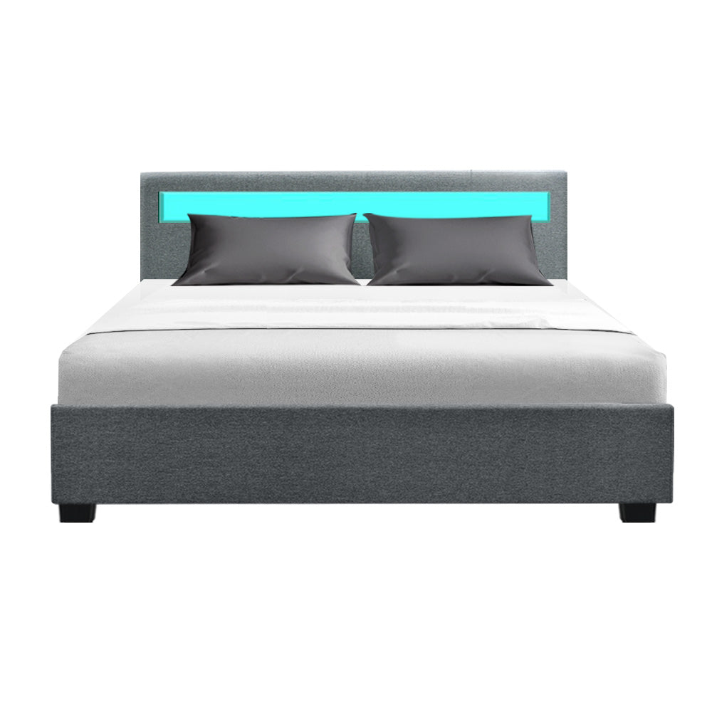 Artiss Bed Frame Queen Size LED Gas Lift Grey COLE