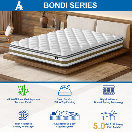 Audreamy Bondi Mattress 22cm Pillow Top – Cloud Comfort Bamboo Fiber Fabric Memory Foam Support Bonnell Medium Firm Single