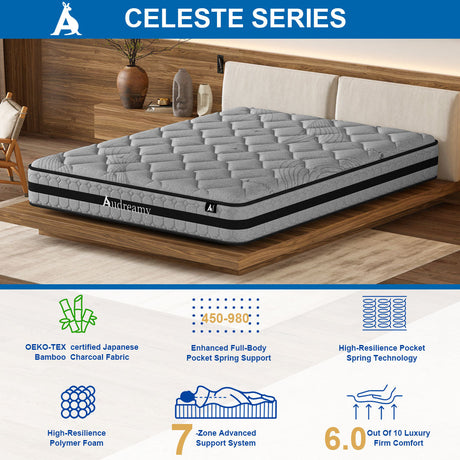 Audreamy Celeste Mattress 23 cm Plush Tight Top Bamboo Charcoal Fabric 7-Zone Pocket Spring Medium Firm King Single