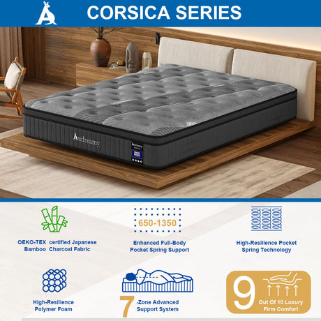 Audreamy Corsica Mattress – 26 cm Euro Top Bamboo Charcoal Fabric 7-Zone Pocket Spring Orthopedic Support for Back & Spine Health Extra-Firm Queen