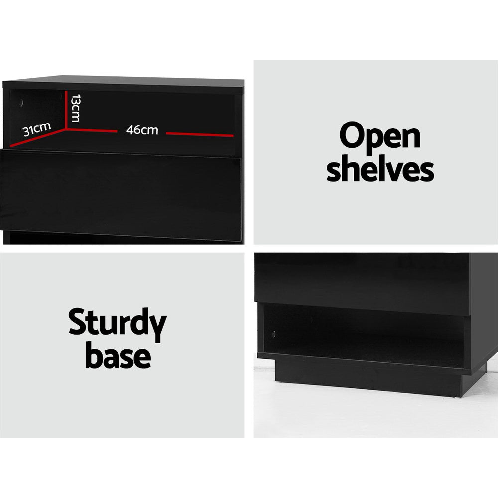 Artiss Bedside Table LED with 2 Shelves - HANA Black