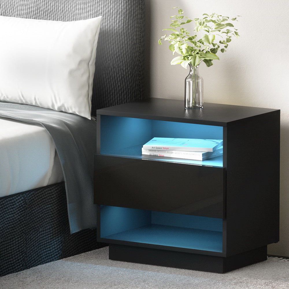 Artiss Bedside Table LED with 2 Shelves - HANA Black