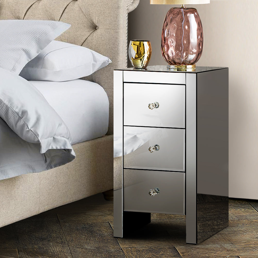 Artiss Bedside Table 3 Drawers Mirrored - QUENN Grey