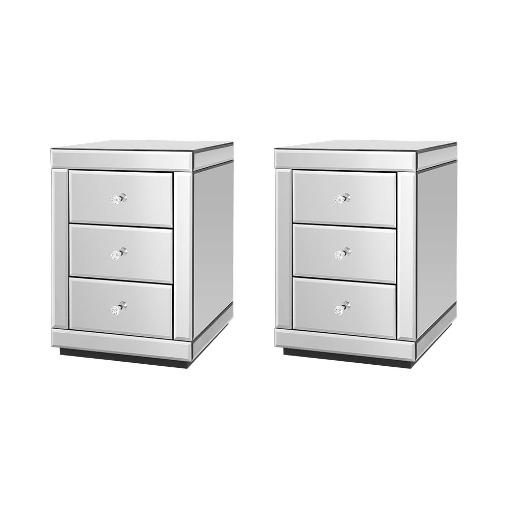 Artiss Bedside Table 3 Drawers Mirrored X2 - PRESIA Silver