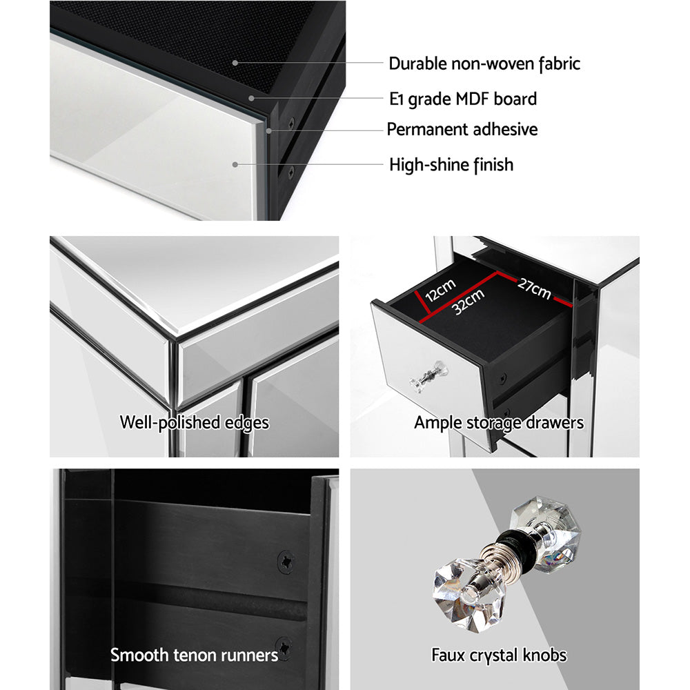 Artiss Bedside Table 3 Drawers Mirrored X2 - PRESIA Silver