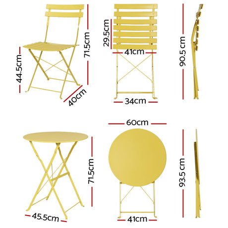 Gardeon 3PC Outdoor Bistro Set Steel Table and Chairs Patio Furniture Yellow