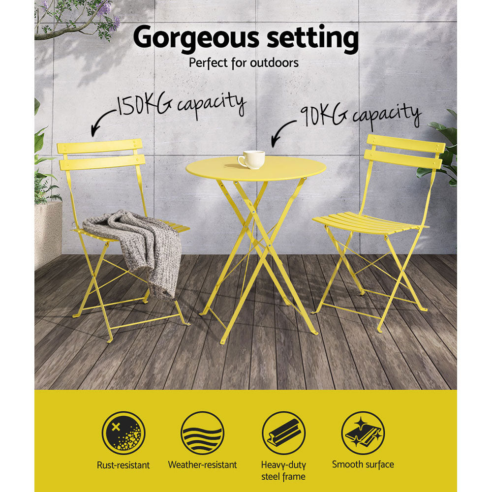 Gardeon 3PC Outdoor Bistro Set Steel Table and Chairs Patio Furniture Yellow