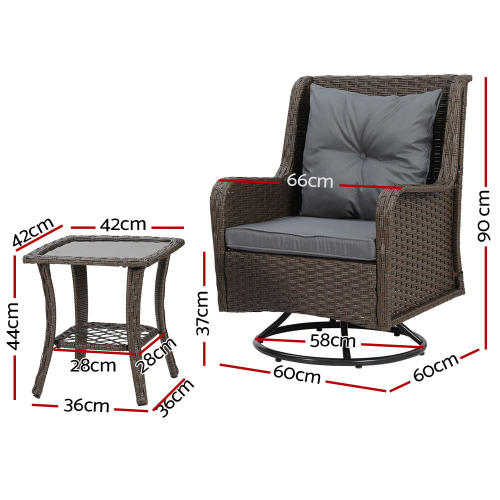 Gardeon 3PC Outdoor Furniture Bistro Set Lounge Wicker Swivel Chairs Table Cushion Brown