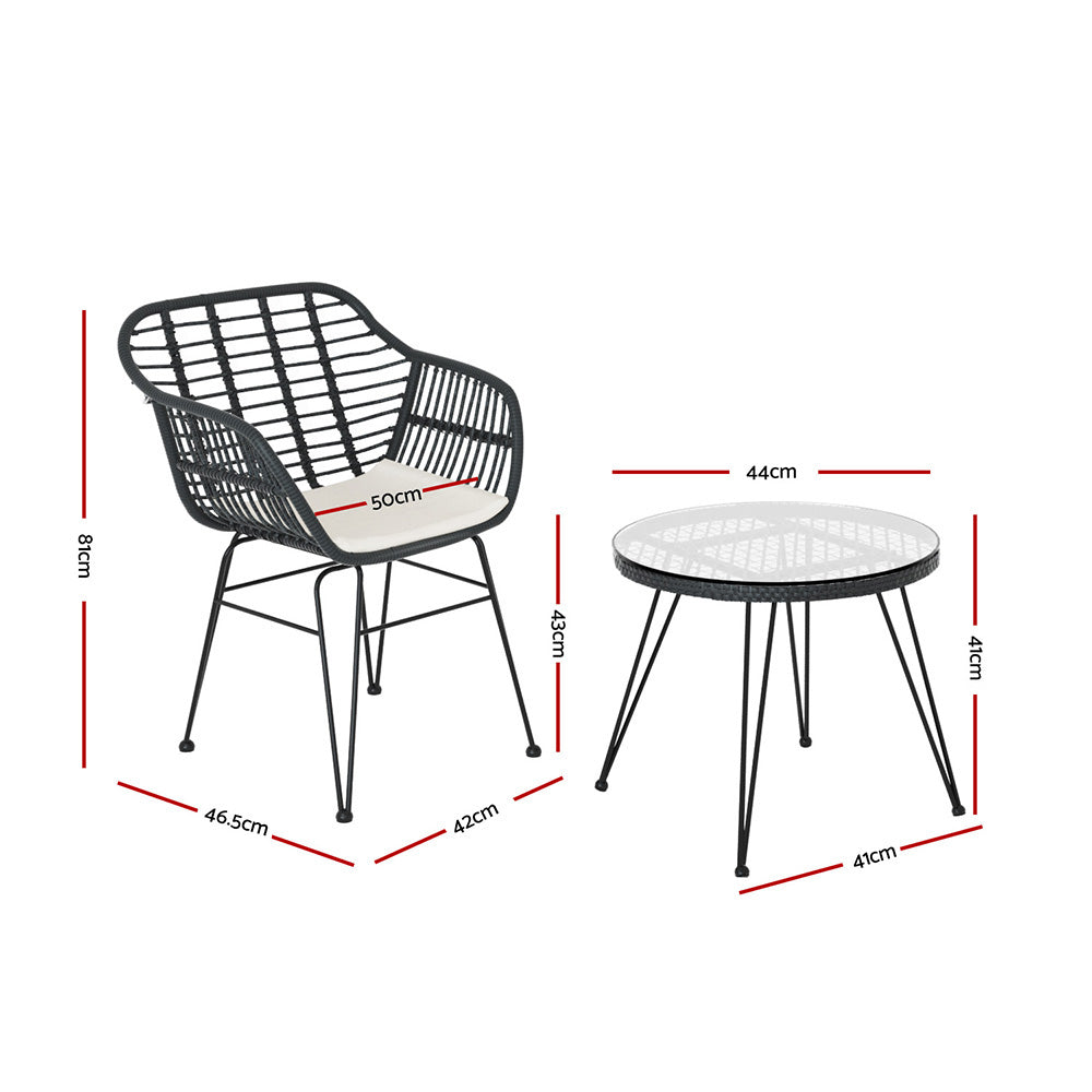 Gardeon 3PC Outdoor Furniture Bistro Set Lounge Setting Table Chairs Cushion Patio Grey