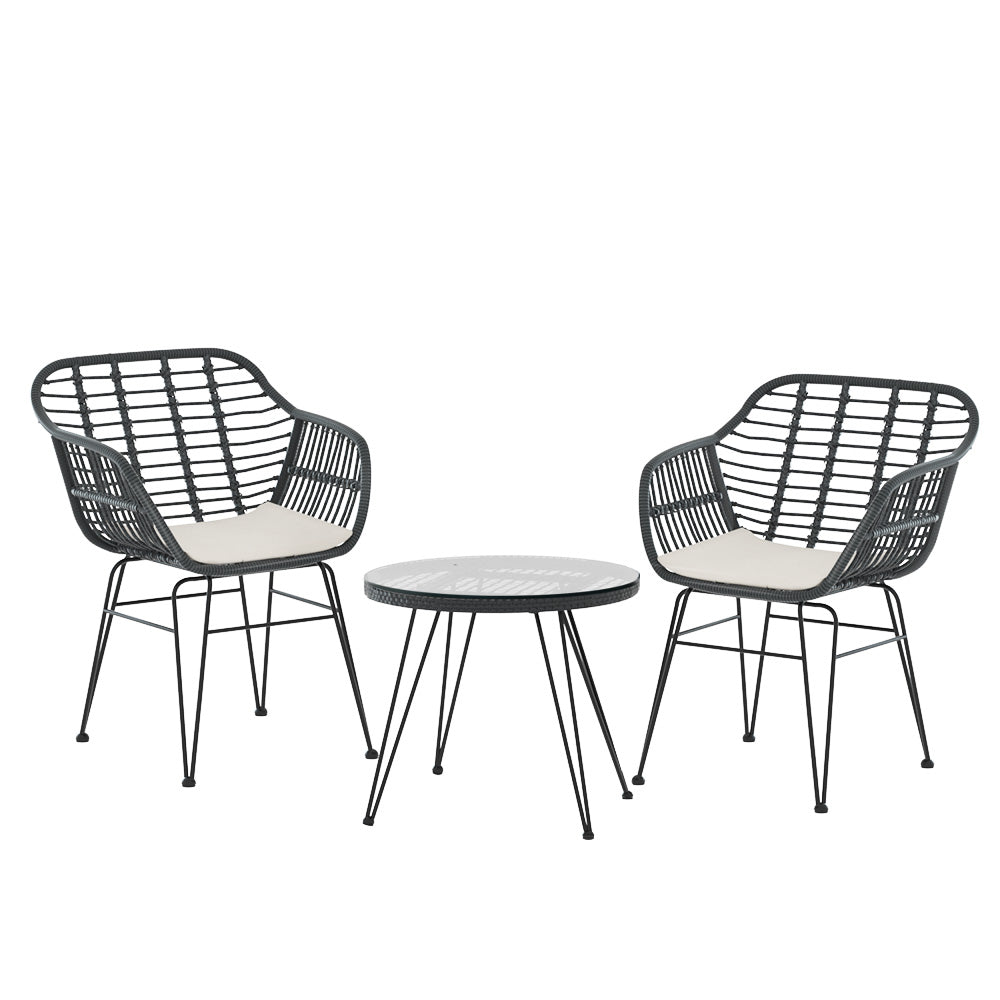 Gardeon 3PC Outdoor Furniture Bistro Set Lounge Setting Table Chairs Cushion Patio Grey