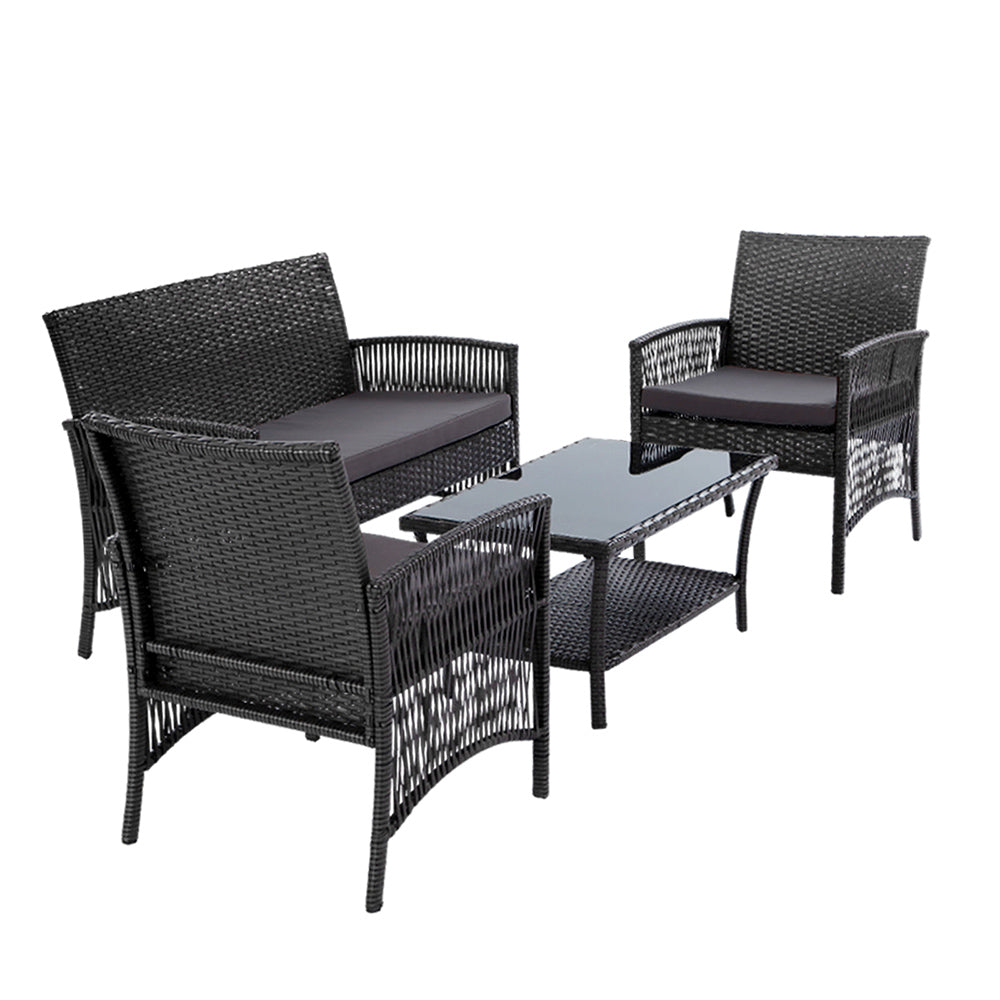 Gardeon 4PCS Outdoor Sofa Set with Storage Cover Wicker Harp Chair Table Grey