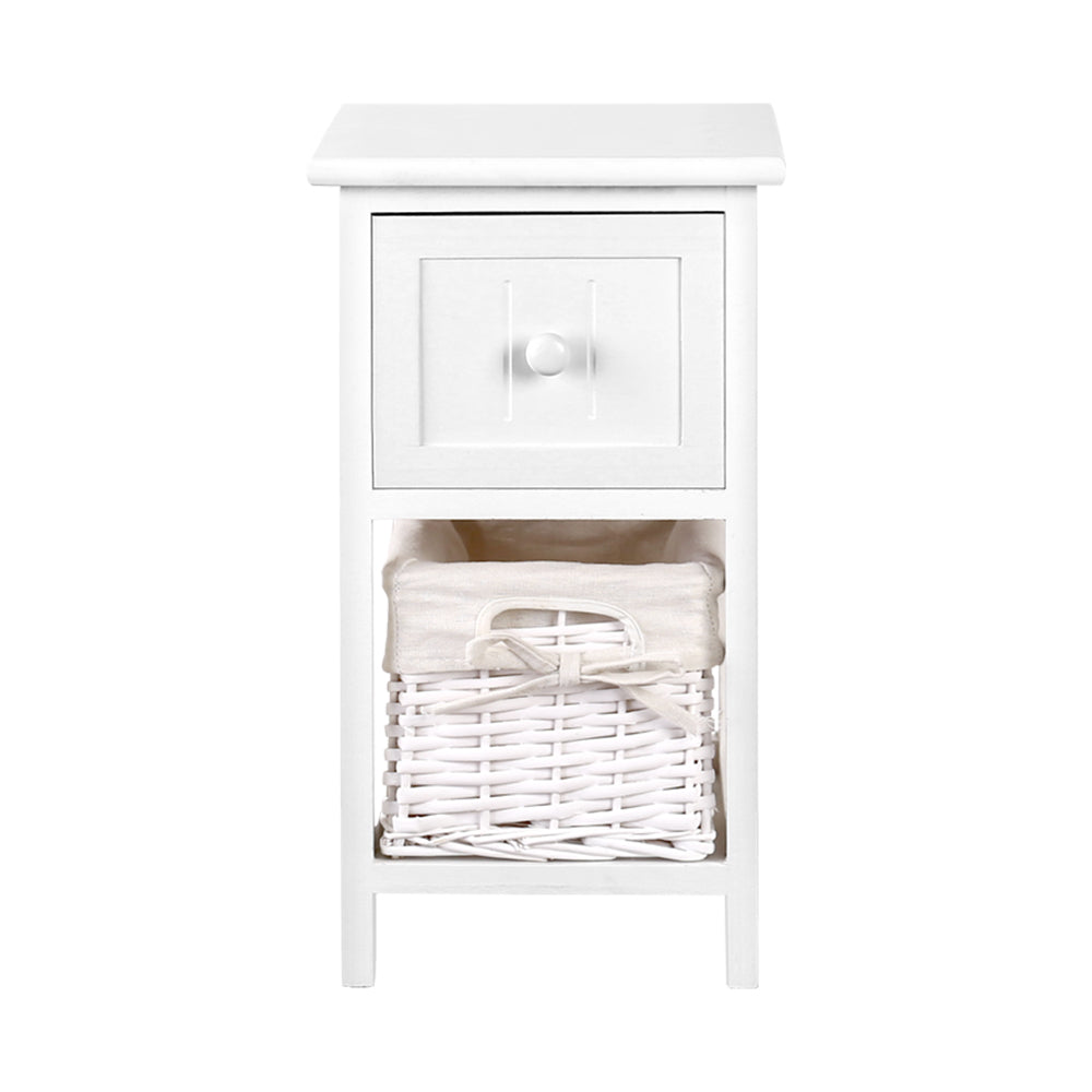 Artiss Bedside Table 1 Drawer with Basket Rustic White X2