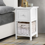 Artiss Bedside Table 1 Drawer with Basket Rustic White X2